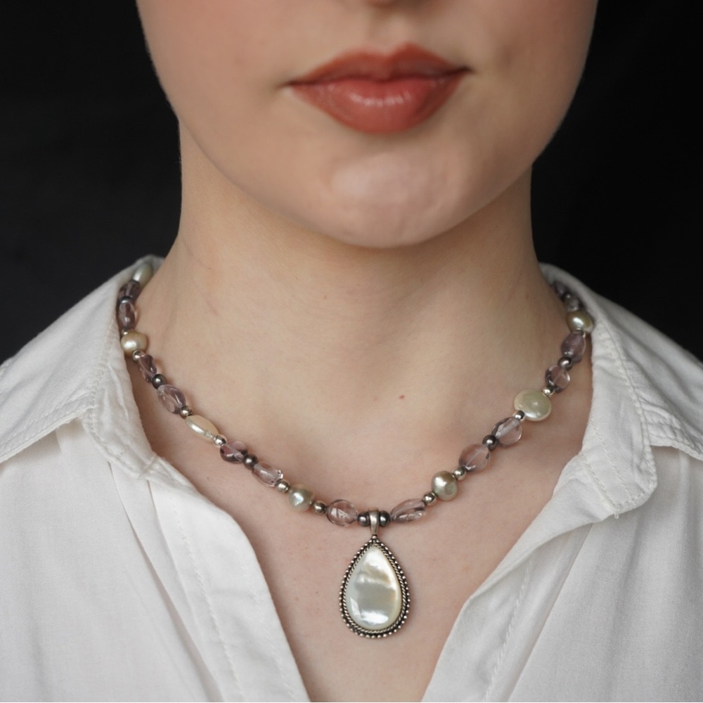 VTG Mother of Pearl and Flat-Round Saltwater Pearl 925 Sterling Silver Set 2-PC